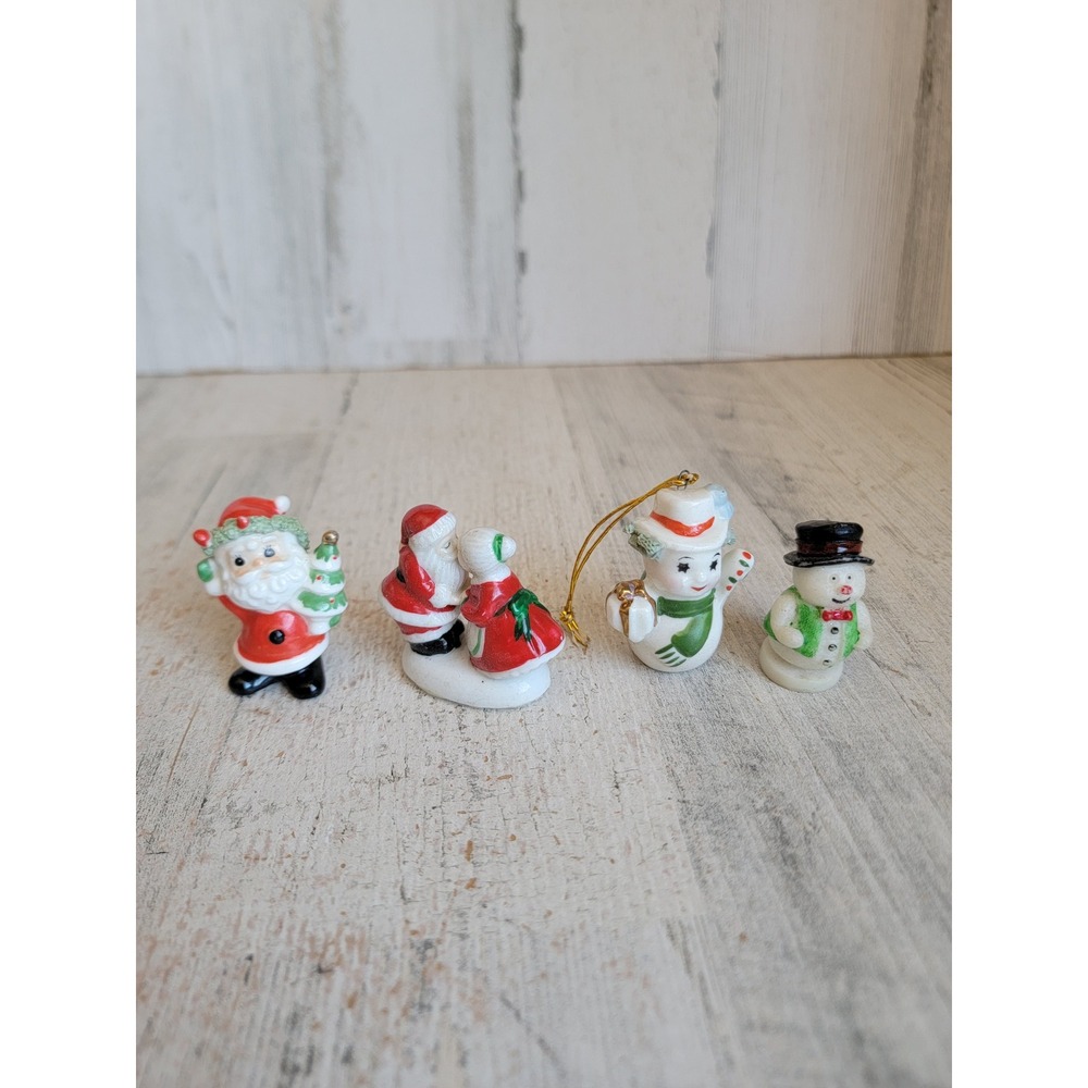 Vintage Mini porcelain snowman Santa Mr Mrs Claus Xmas accessory unique set